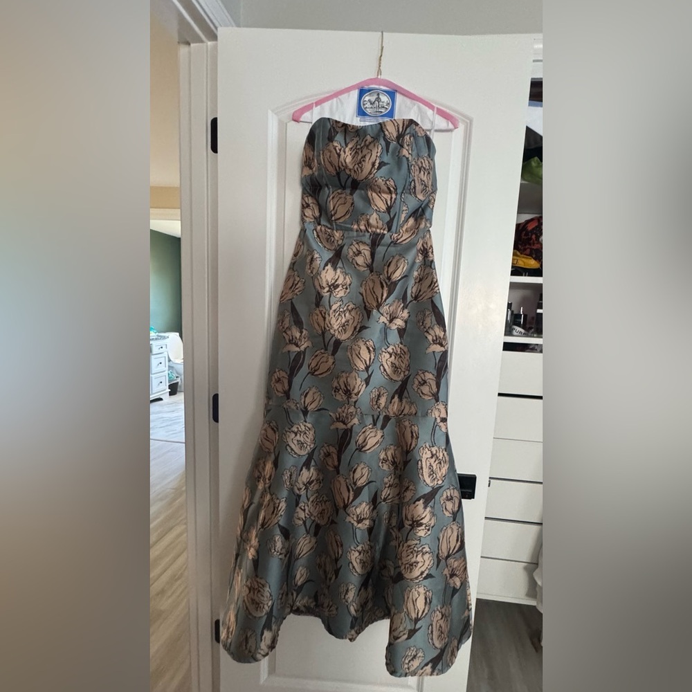 Lulu's Strapless Floral Dress in Blue and Tan